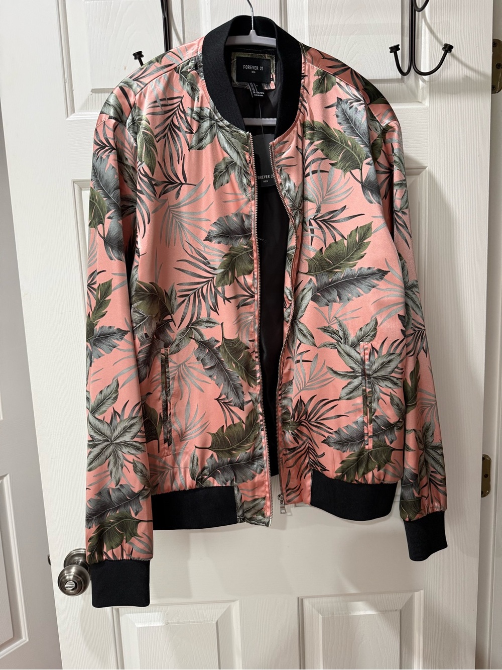 Forever 21 Pink Tropical Leaf Bomber Jacket